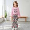 Girls Fashion Spring Autumn 2 Piece Sets Long Sleeve Letter Flared Cuff Pullover Top Flower Leopard Print Flared Pants Outfit