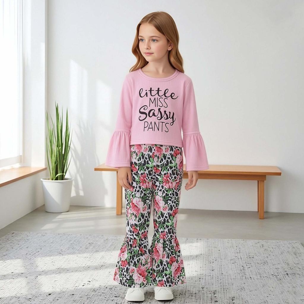 Girls Fashion Spring Autumn 2 Piece Sets Long Sleeve Letter Flared Cuff Pullover Top Flower Leopard Print Flared Pants Outfit