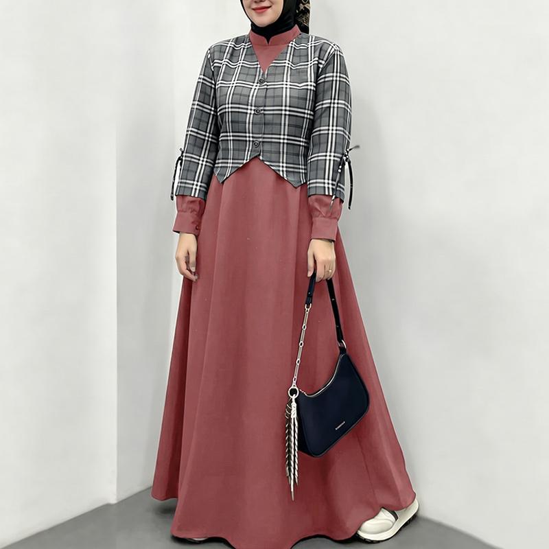 ZANZEA Women Muslim Casual Round Neck Long Sleeve Plaid Print Patchwork Loose Long Dress