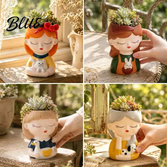 Resin Desktop Ornament Cute Head Planter Succulent Little Girl Flower Pot Human Flowerpot for Plants Face Cactus Container Bonsai Holder