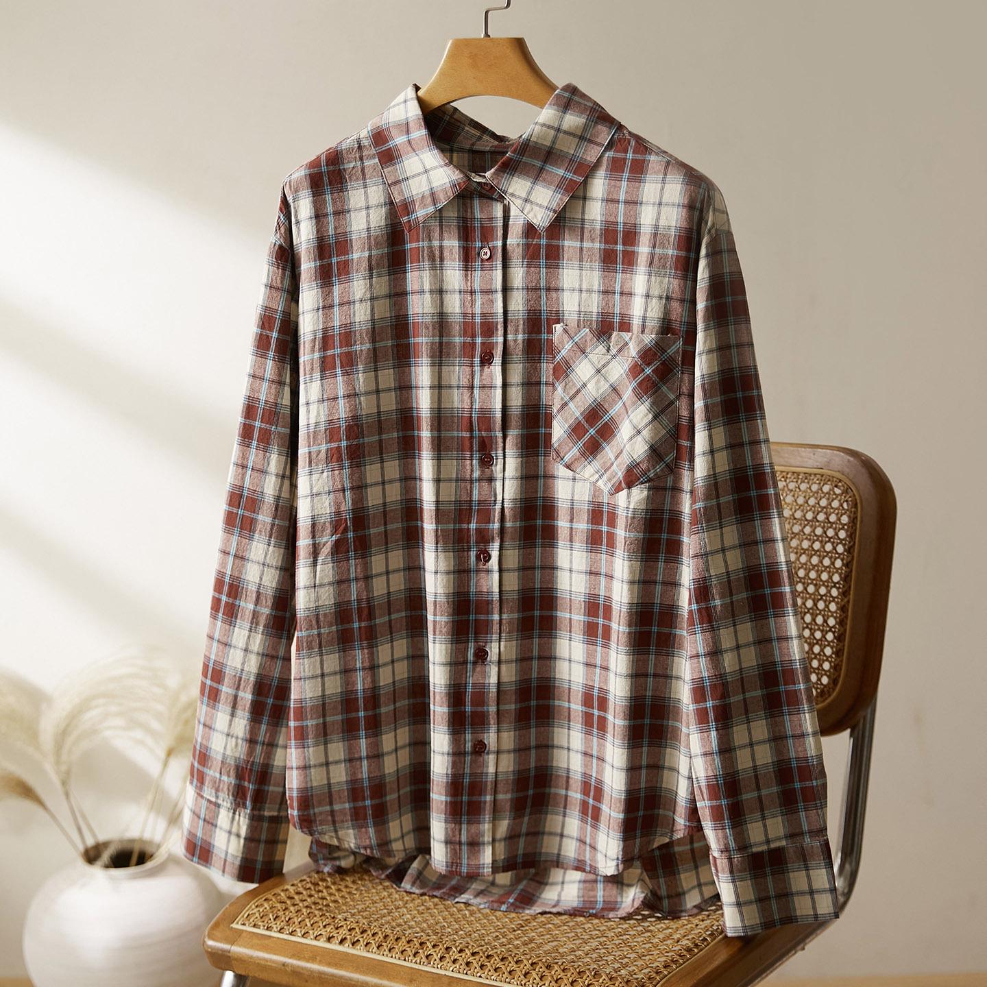 

Women s Long Sleeve Retro Plaid Shirt - 2025 Autumn Collection One Size