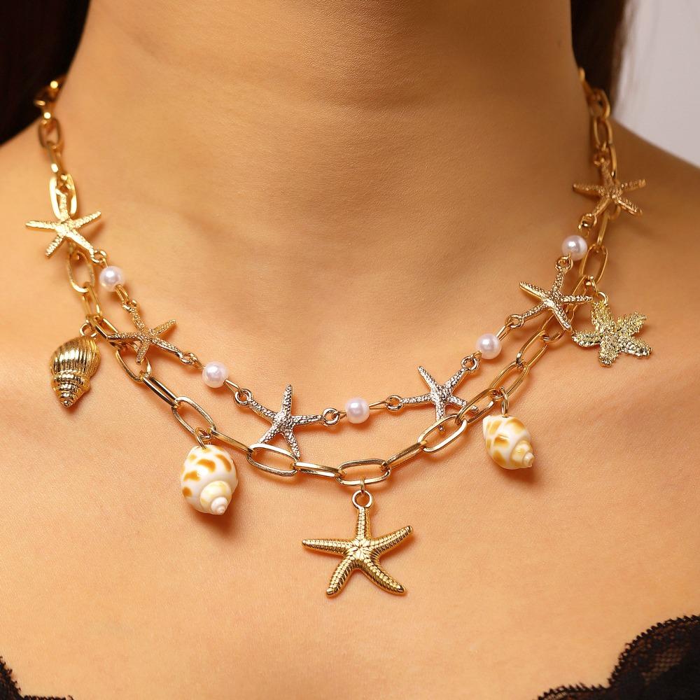 Bohemia Starfish Conch Pearl Beaded Choker Layered Necklace for Women Imitation Pearls Dolphin Summer Beach Vacation Jewelry