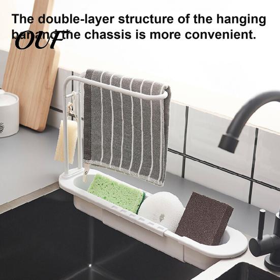 Retractable Sink Caddy Tray Kitchen Organizer with Towel Hanger, Adjustable Plastic Soap And Sponge Holder Holder, Large Capacity Countertop Drainage