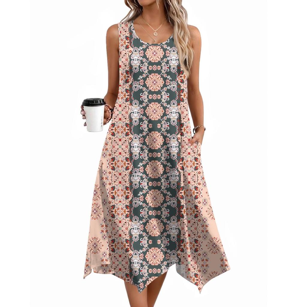 Damen Lässige Ärmellose Sommerkleider Frühling Rundhals Patchwork Boho Floral Rüschen Cocktailparty Midi-Kleid