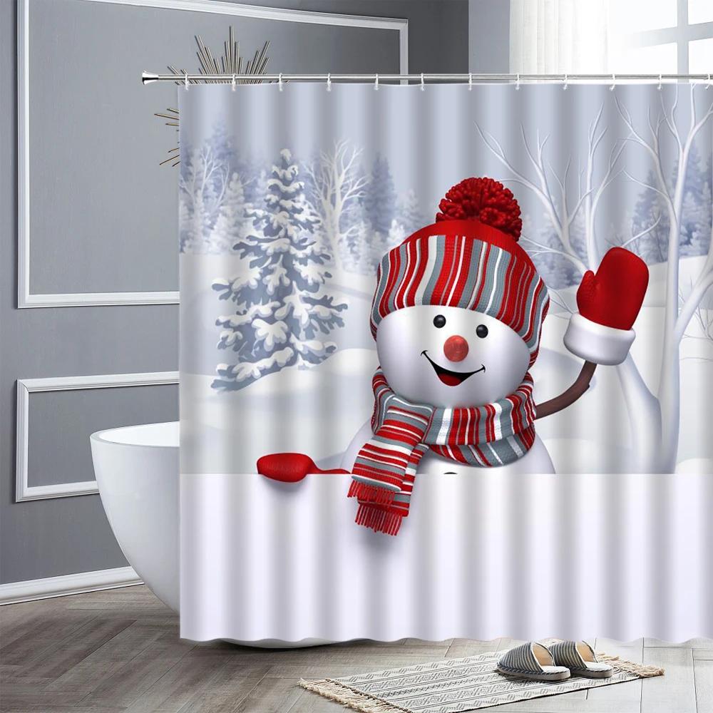 Funny Christmas Snowman Shower Curtains Skiing Winter Forest Color Xmas Ball Gift New Year Bathroom Decor Bath Curtain Set Hooks