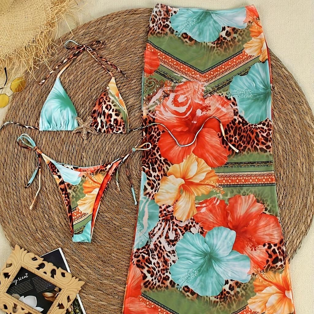 Print Neckholder Netz langes Kleid Zweiteiliger Bikini Mit Metall-Accessoires Mode Für Den Urlaub