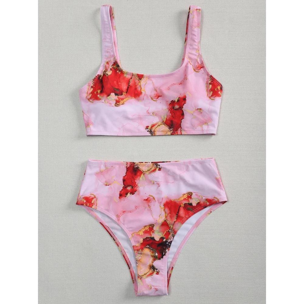 

Європейський та американський купальник Сексуальний мармуровий розрізний жіночий купальник із завищеною талією та принтом Tie-Dye M