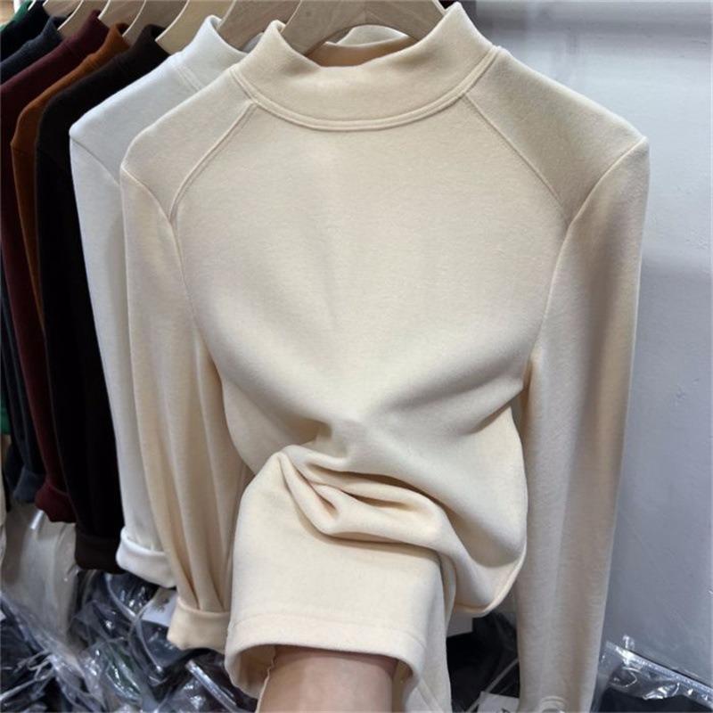 Solid Color Winter New German Velvet Polished Semi-turtleneck Bottoming Shirt Women's Slim Body with Long-sleeved T-shirt Top