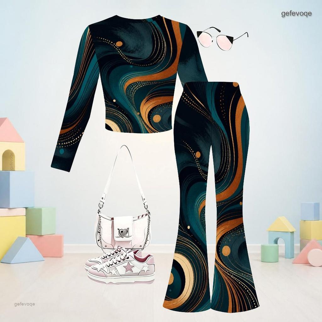 Girls Round Neck Long Sleeve Printed Crop Top Flared Pants Two Piece Set