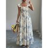 French Square Neck Dress Waist Long Dress European and American New Summer