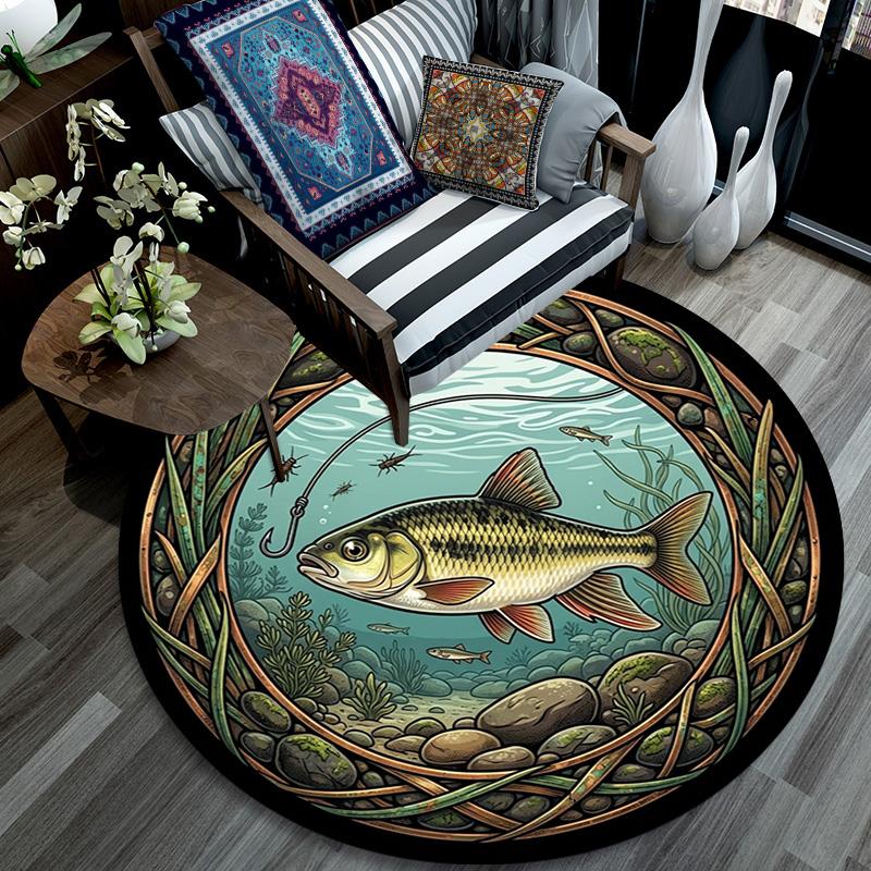 Hook Fish Round Area Rug Under Office Chairs Bedroom Living Room Home Decor