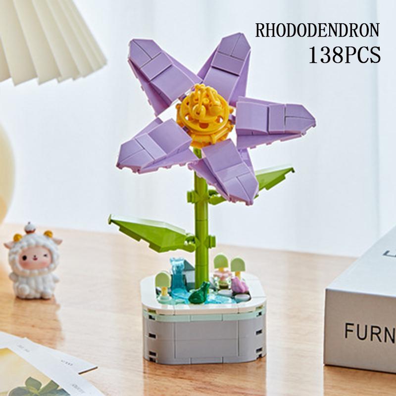 Plant Potted Building Blocks Peach Azalea Bouquet Creative Desktop Decoration Ornaments Children DIY Toys Holiday Gifts