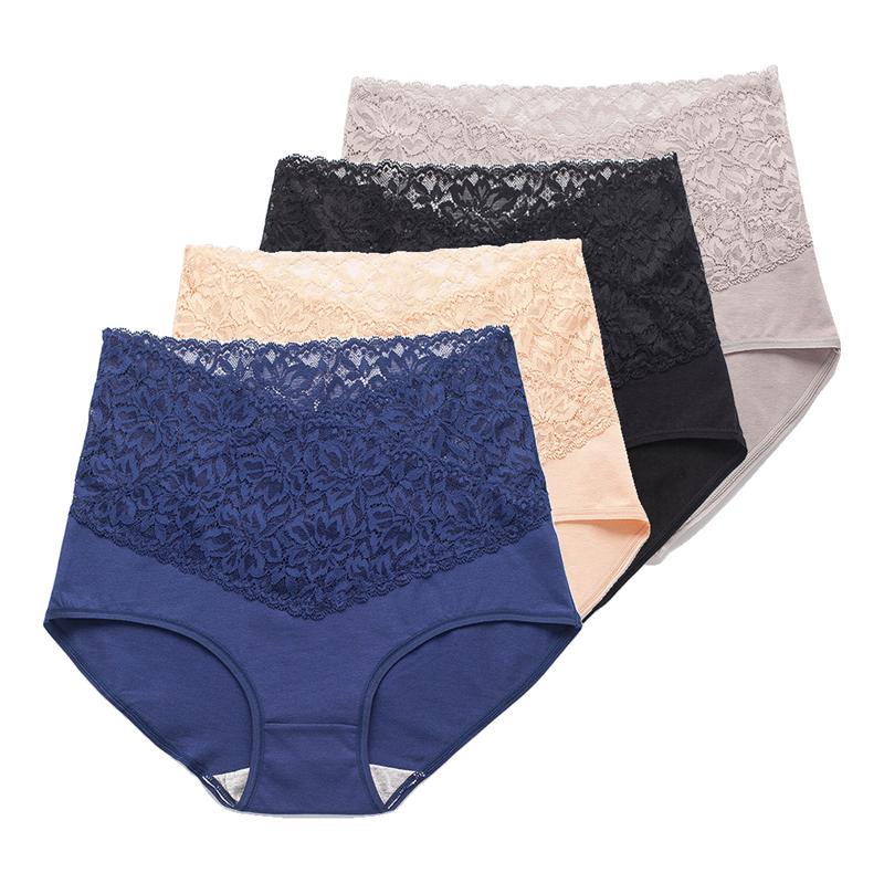 4 Stück Hohe Taille Spitze Höschen Damen Bauchkontrolle Po-Lifting Weich Atmungsaktiv Nahtlos Unterwäsche L black