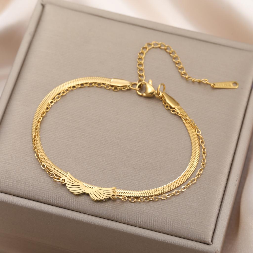 Angel Wing Charm Bracelet for Women Stainless Steel Gold Double Layer Snake Chain Bracelets Trendy Jewelry
