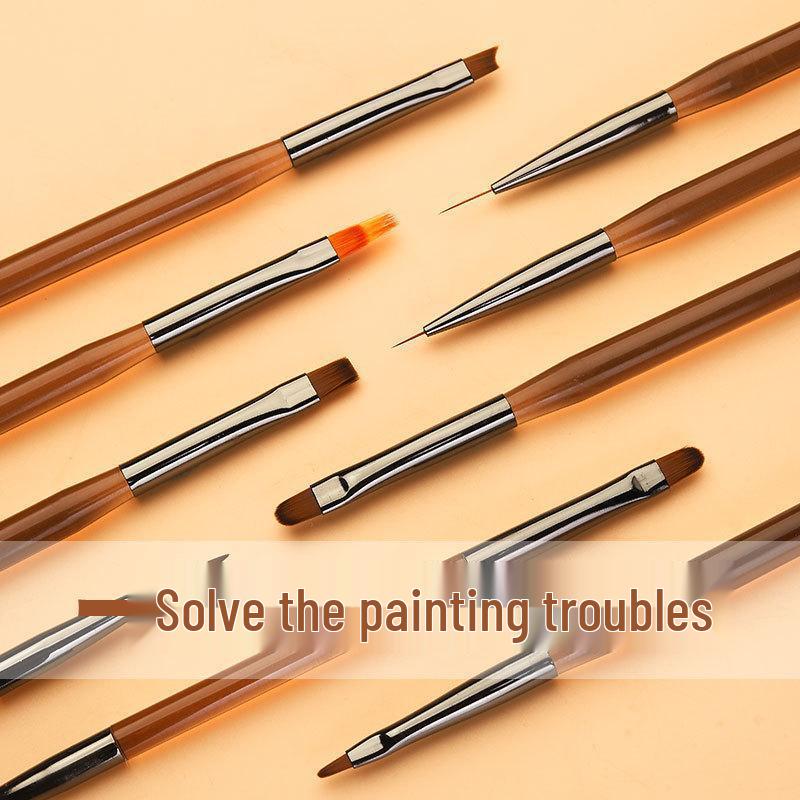 9dílná japonská průsvitná hnědá sada štětců na nail art pro malování linek, ombre a květin