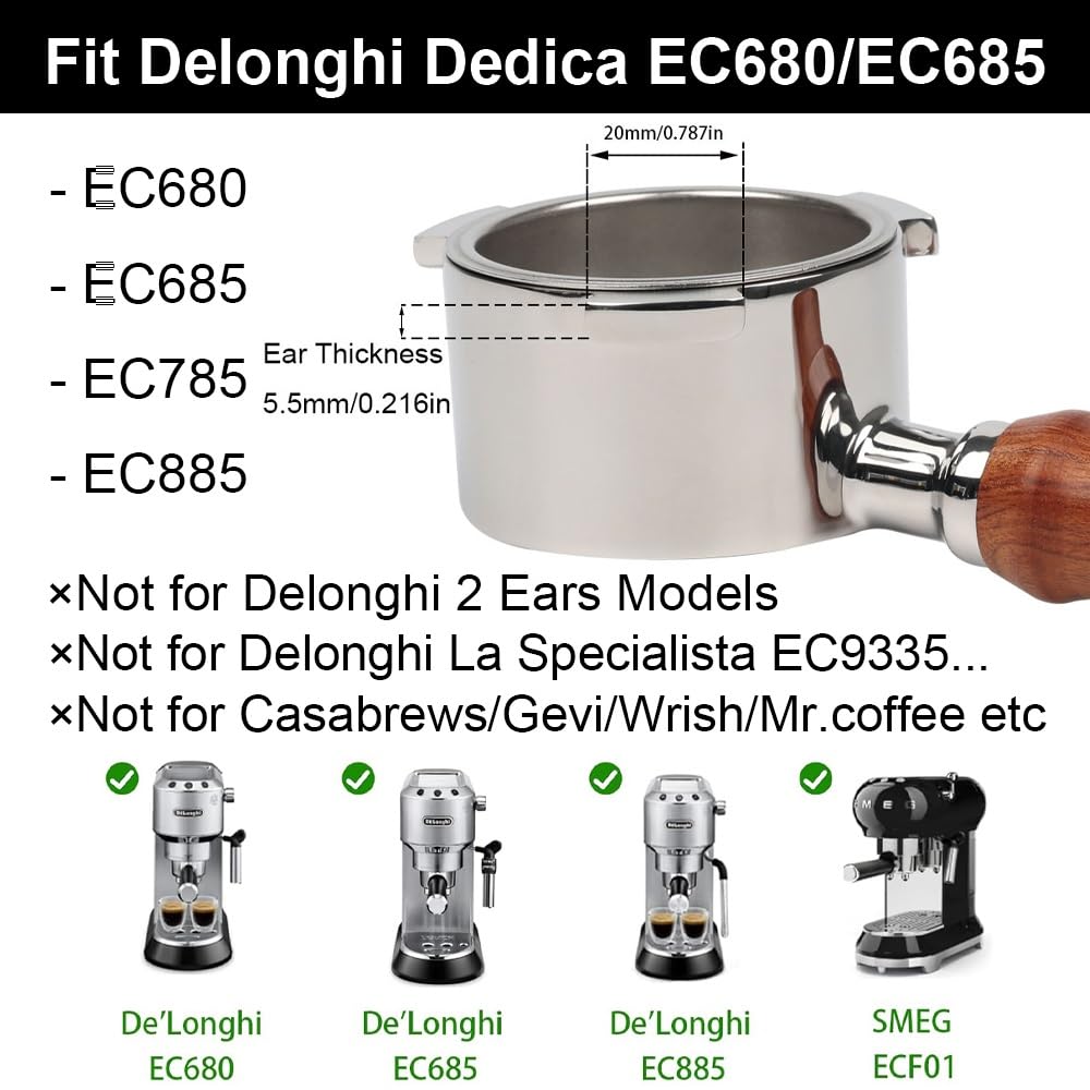 51mm Bottomless Portafilter 3 Year for DeLonghi Dedica EC680EC685EC785EC820EC850EC860EC885 with Double Shot Capacity Cup, Sieve Filter Basket