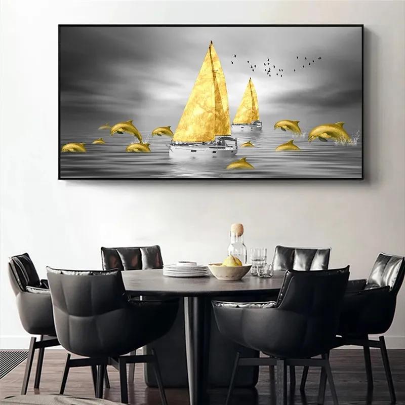 

Современное золотое абстрактное ландшафтное искусство серое небо и золотая лодка картины картина настенное искусство для гостиной домашний декор