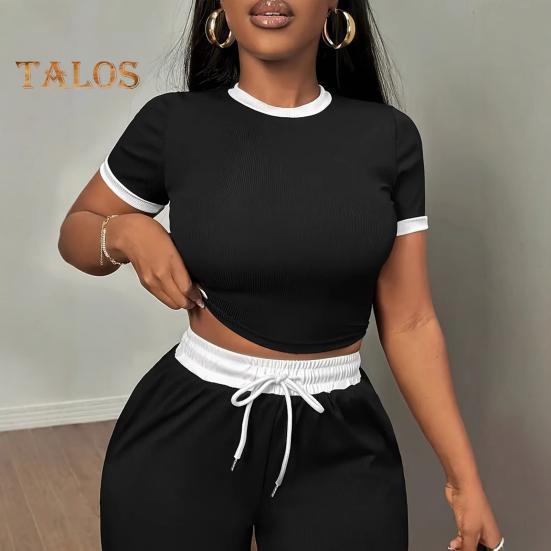 Conjunto de dos piezas de verano para mujer, cuello redondo, manga corta, top corto, pantalones anchos con cordón, conjunto de chándal informal para estar en casa