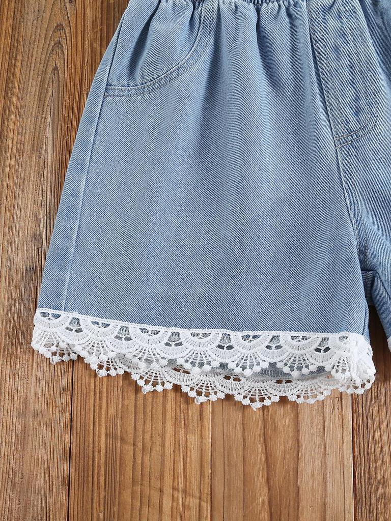 Two-piece girls' outdoor casual vacation set: sleeveless cropped tank top with butterfly design and comfortable, simple lace denim shorts.