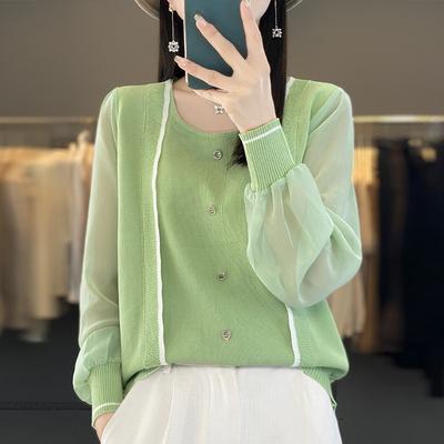 New Spring Chiffon Long-sleeved Base Shirt Fashionable Knitted Sweater Women Round Neck Versatile Loose Top
