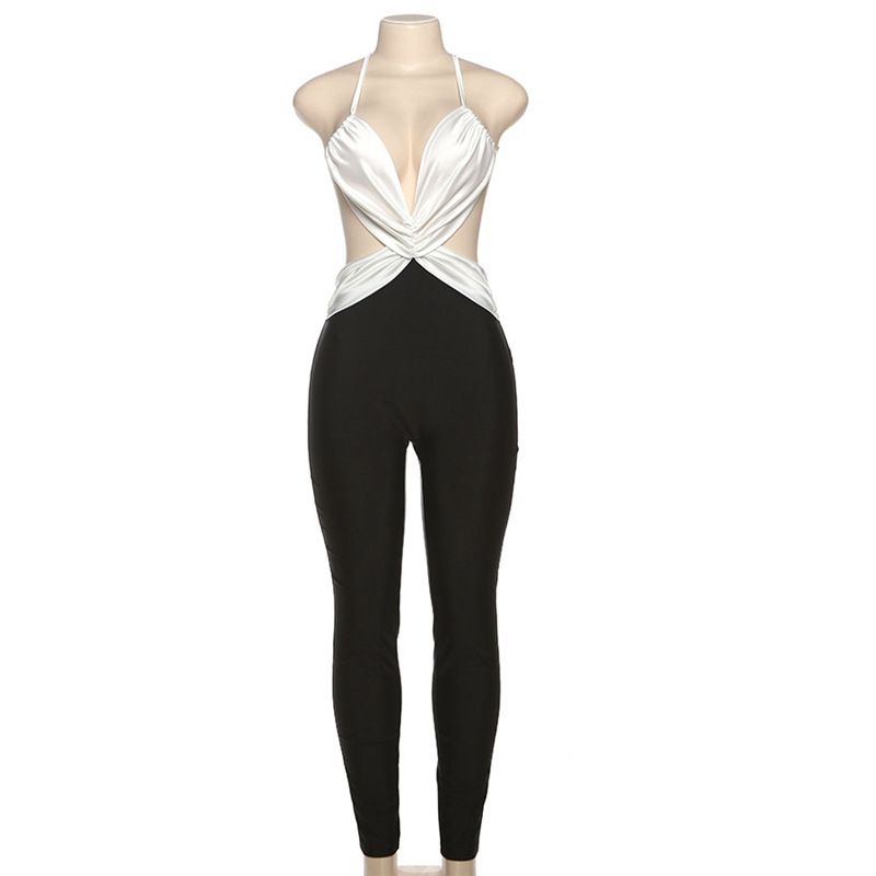 

Outfitgirl American Sexy Nightclub Bar Wear Elastic Tight Contrast Color Cross Collar Open Back One-Piece Pants Black S