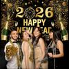 Black and Gold New Years Eve Party 2026 Banner, Large Happy New Year 2026 Banner, NYE Celebration Party Decoration for Friends, Family, Fireplaces,