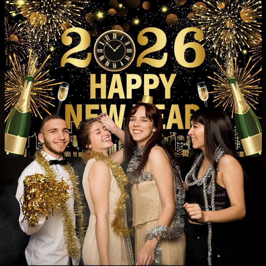 Black and Gold New Years Eve Party 2026 Banner, Large Happy New Year 2026 Banner, NYE Celebration Party Decoration for Friends, Family, Fireplaces,
