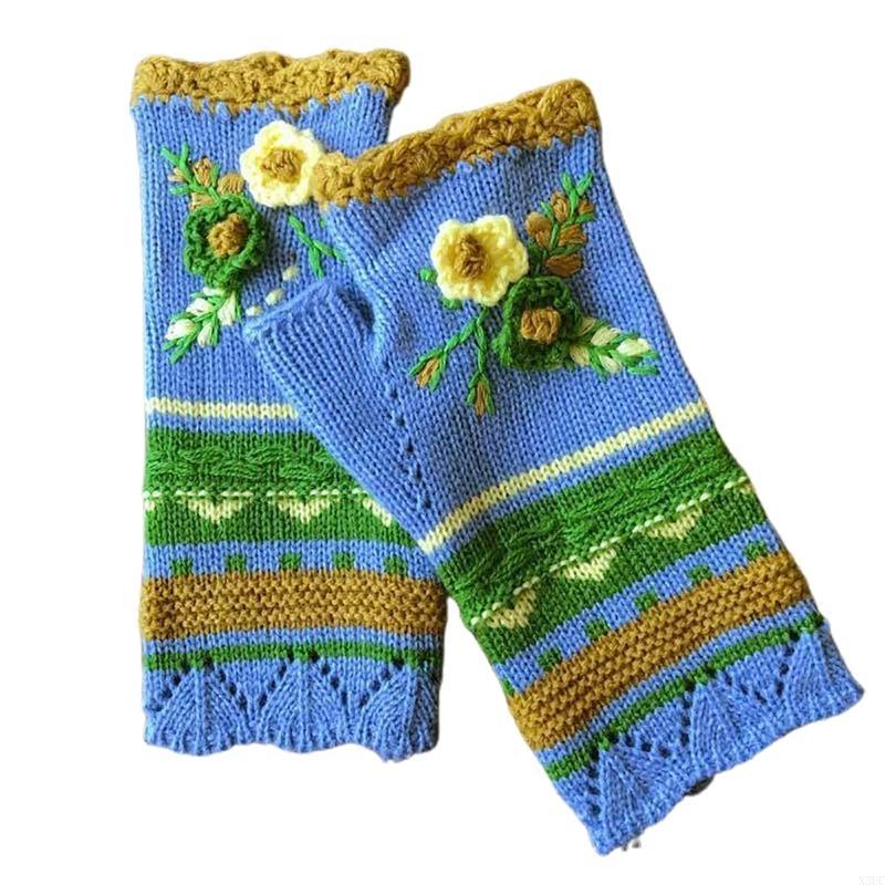 Stylish Half Finger Gloves for Women Knitted Winter Wrist Warmers with Floral Embroidery X3UC