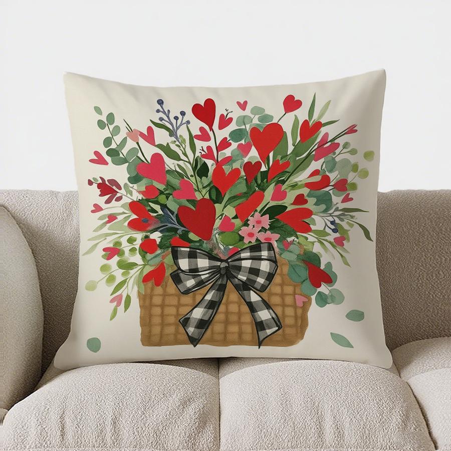 Home Decor Heart-Shaped Flowers In Wicker Basket Pillow Pattern Cushion Cover Suitable For Sofa Bedroom Car Pillow Cover
