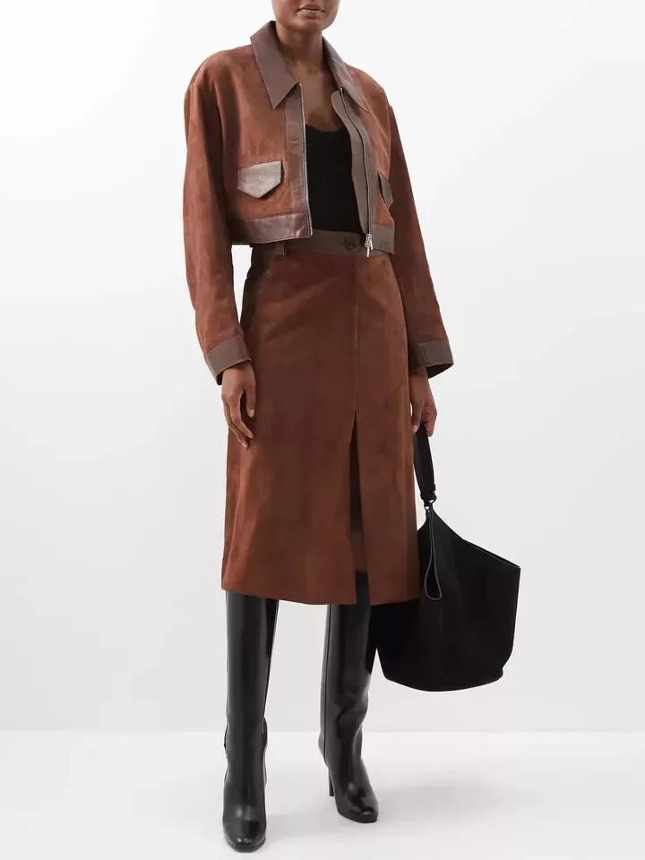 Genuine Soft Sheepskin Suede Leather Women's Brown Skirt Handmade Stylish Party