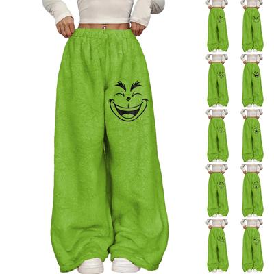 Calças Casuais Femininas com Estampa de Natal, Cintura Elástica, Caimento Solto, com Pelúcia e Pernas Largas