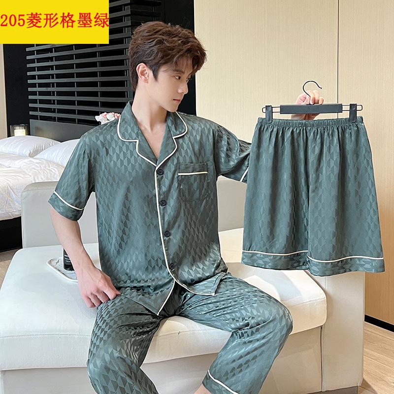 Pajamas Men's Summer Ice Silk Short-sleeved Trousers and Shorts Three-piece Set Jacquard High-end Spring, Autumn and Summer Loungewear Set