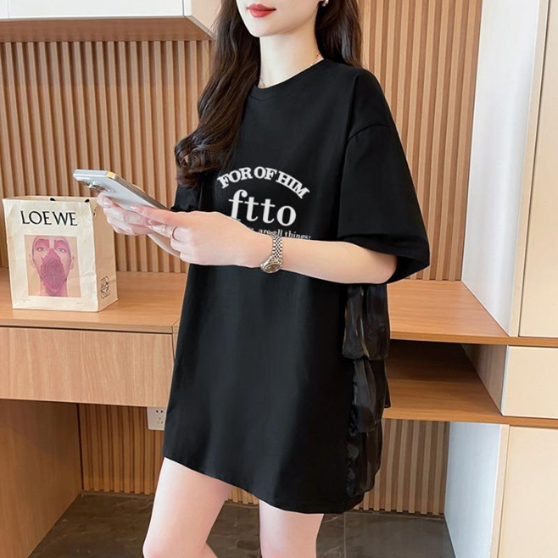 

Лоскутная футболка с коротким рукавом для женской моды, свободный топ средней длины на лето 2XL чёрный