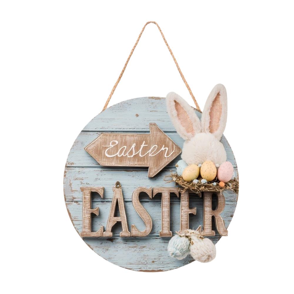 Wooden Happy Easter Door Sign Rabbit Eggs Hanging Wood Sign Easter Bunny Welcome Sign Party