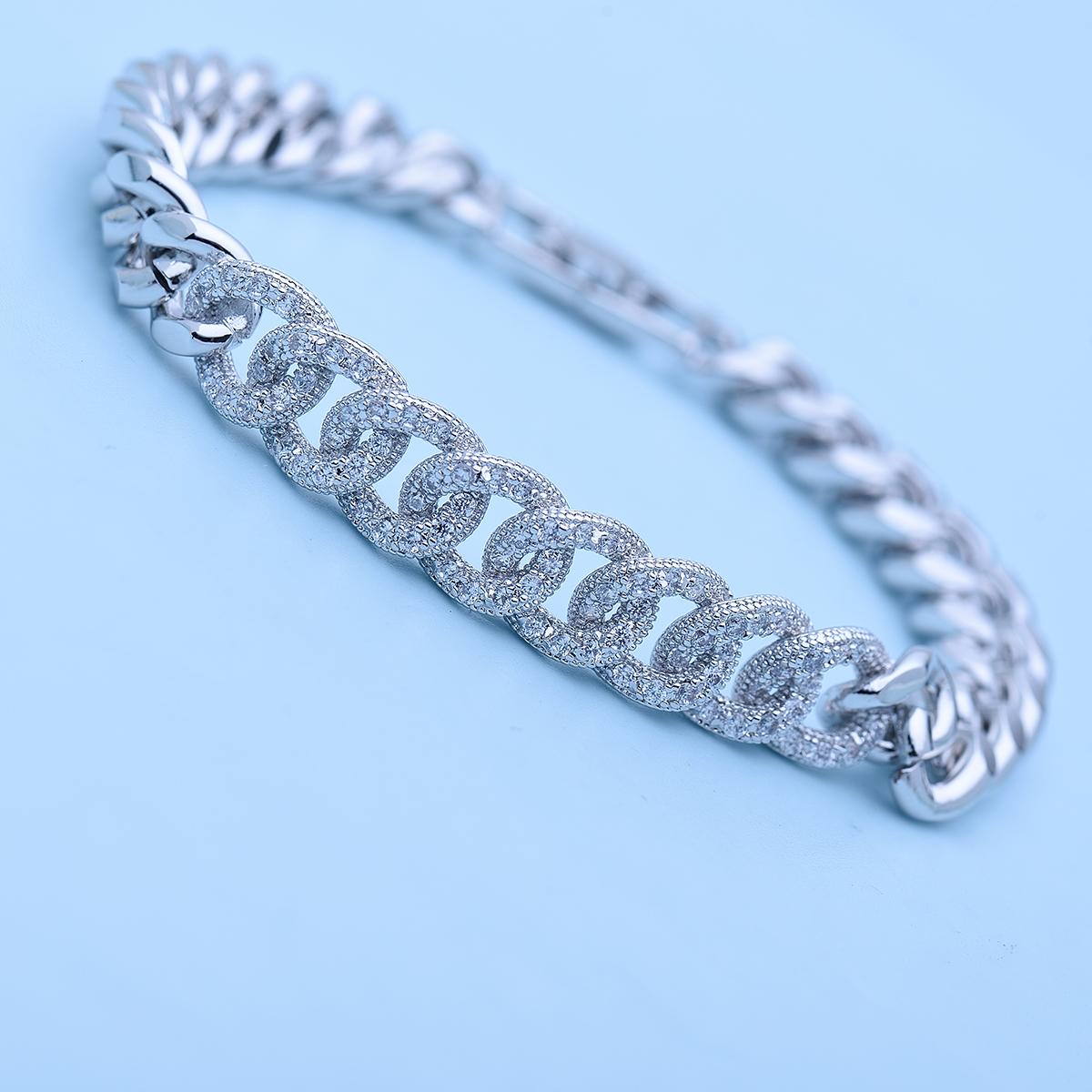 LUOTEEMI White Rhodium Gold Plated Zircon Crystal Micro Paved Luxury Cuban Link Chain Tennis Bracelets 17cm