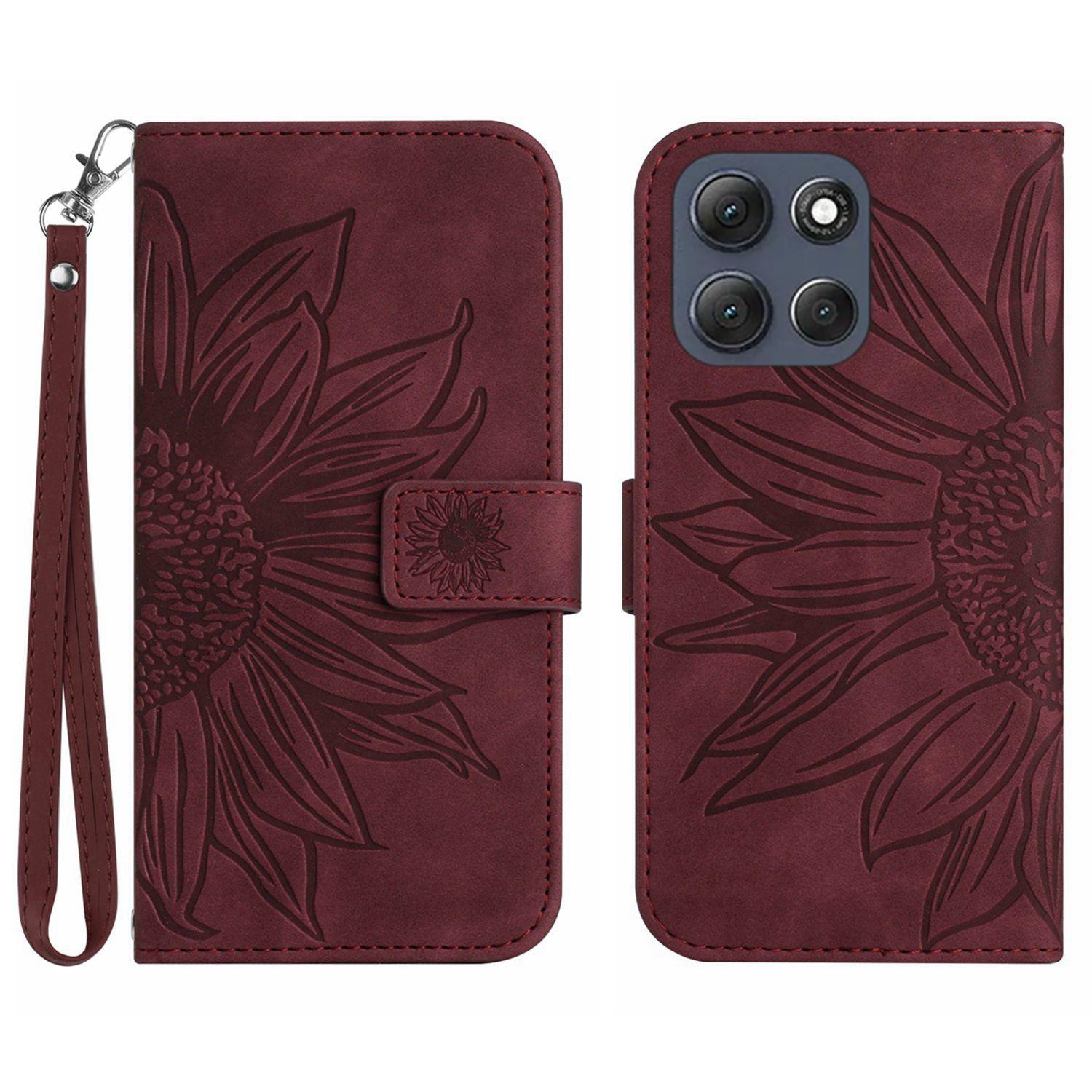 

For Motorola Moto G86 5G Case Sunflower Imprint Leather Wallet Phone Cover with Wrist Strap Wine Red