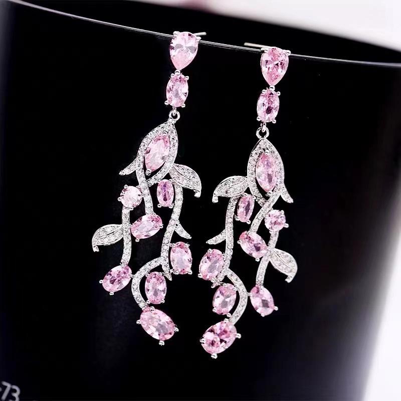 European Pink Tassel Leaf Stud Earrings with S925 Silver Needle, Elegant Temperament Long Water Drop Design.
