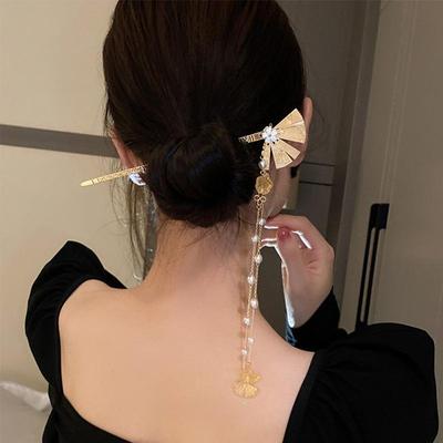 Chinese Ancient Style Pearl Tassel Fan Step Shake Fashion Women Girls Chinese Style High Pan Hair Stick Vintage Hair Accessories