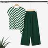 ZANZEA Women Short Sleeve Stripe Blouse and Pants Casual Two Piece Sets