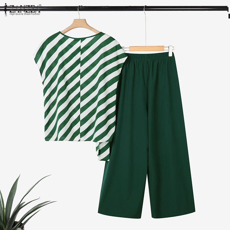 ZANZEA Women Short Sleeve Stripe Blouse and Pants Casual Two Piece Sets