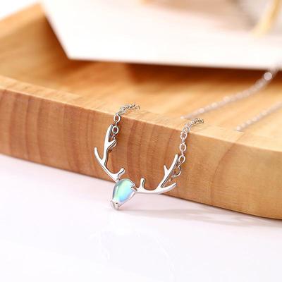 Colorful Moonstone Elk Antler Sterling Silver Necklace - Forest Style Christmas Gift