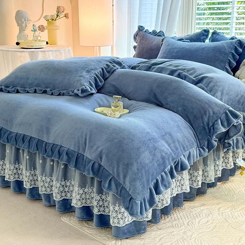 2024 hot solid color Korean version lace bed skirt kit flannel quilt cover thickened warm four-piece set