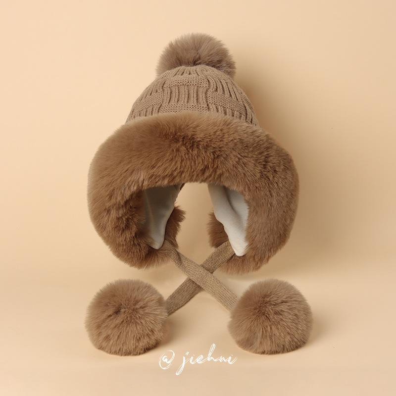 24 New Winter Thickened Cold-proof Warm Hat Women's Cute Hairball Knitted Wool Ear Protection Hat Northeast Lei Feng Hat