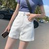 Women's High Waist A-Line Denim Shorts - Summer Straight Leg, Double Button, Loose Fit with Rolled Hem, Trendy Wide Leg Design