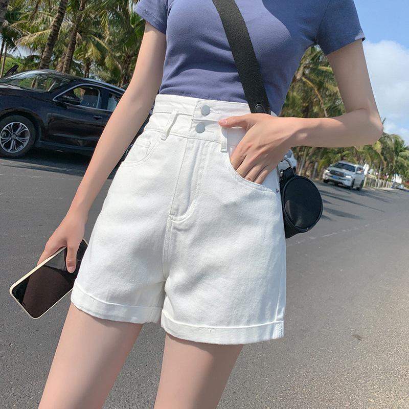 Women's High Waist A-Line Denim Shorts - Summer Straight Leg, Double Button, Loose Fit with Rolled Hem, Trendy Wide Leg Design