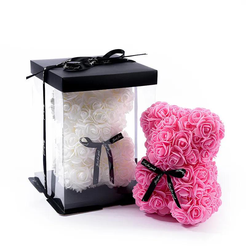 25cm Artificial Teddy Rose Flower Bear with Box Romantic Valentines Day Gift Girlfriend Women Anniversary Wedding Party Supplie