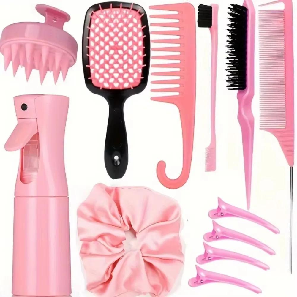 

4PCS Hair Styling Comb Kit, Rat Tail Edge Brush & Smooth Black Brush, Barber Tools for Men/Women, All Hair Types рожевий