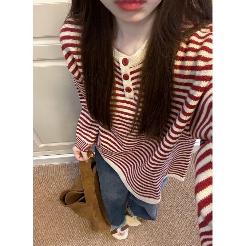 

Ленивые красные полоски Контрастный цвет Вязаные топы Осенняя одежда Свободный свитер Женский Осень и Зима 2025 Новое поступление Самый продаваемый Red XL