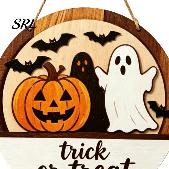 Solid Wood Door Plaque Halloween Layered Round Hanger, 3D Pumpkin Ghost Owl Welcome Sign, Fall Party Decorations Farmhouse Front Wall Hanging