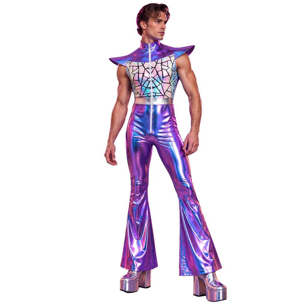 Retro 70er Disco Club Jumpsuit für Herren Flatterärmel Reißverschluss vorne Farbverlauf Pailletten Oberteil Schlaghosen Color Block Unitard Halloween